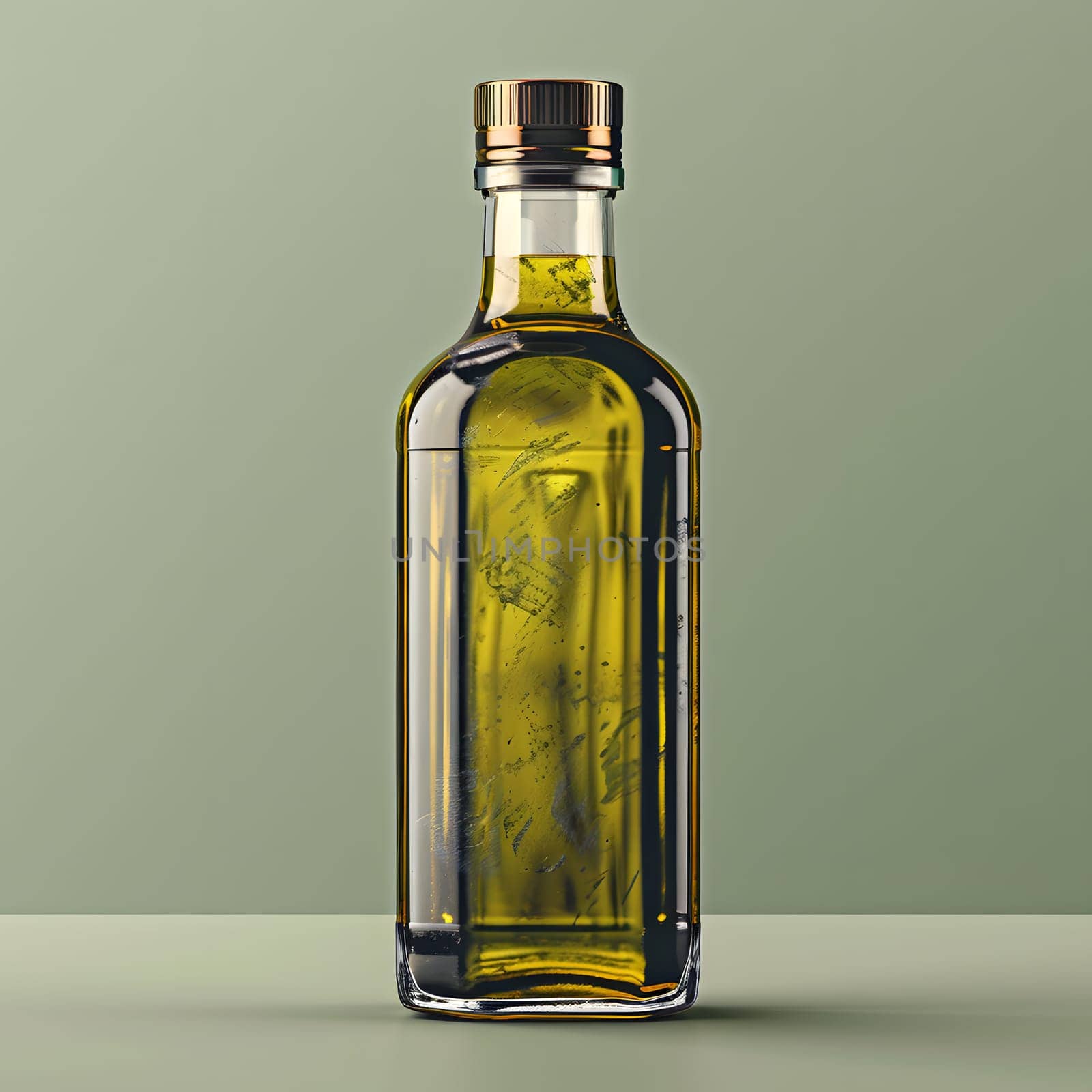 A glass bottle filled with olive oil is placed on a table, showcasing the smooth fluid inside. The bottle is an example of drinkware that contains a solvent solution