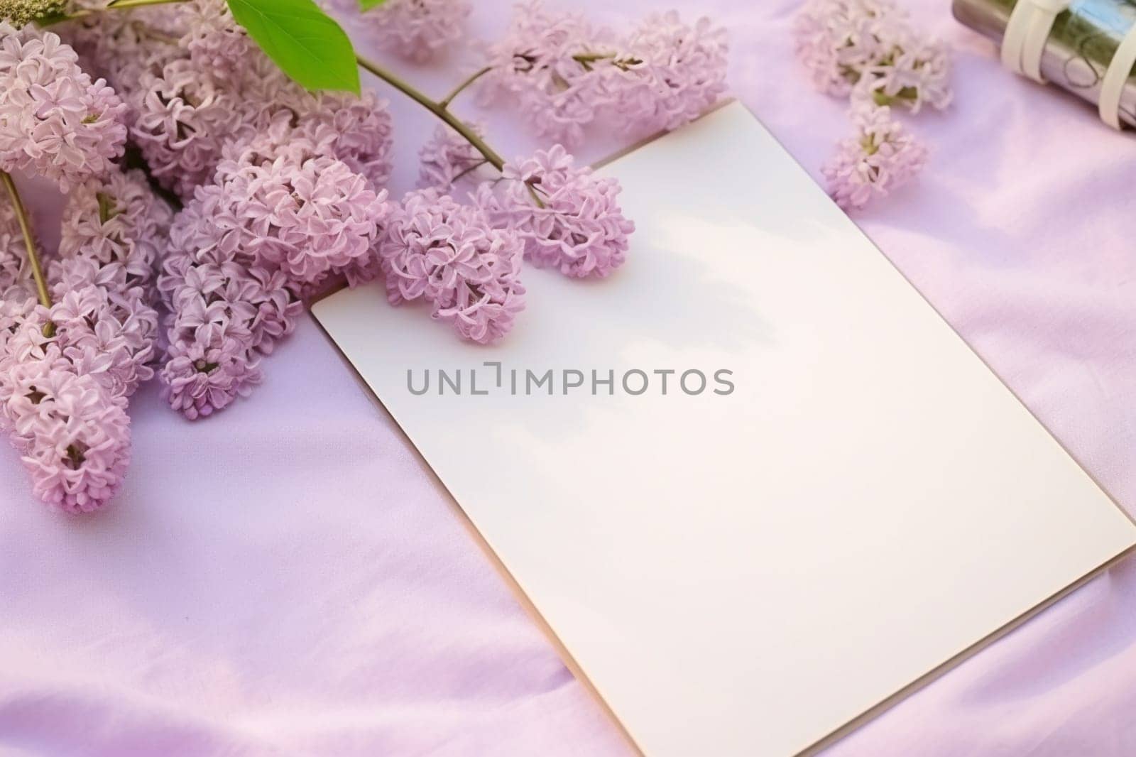 Blank paper and flowers on country background for printable art, paper, stationery and greeting card mockup idea