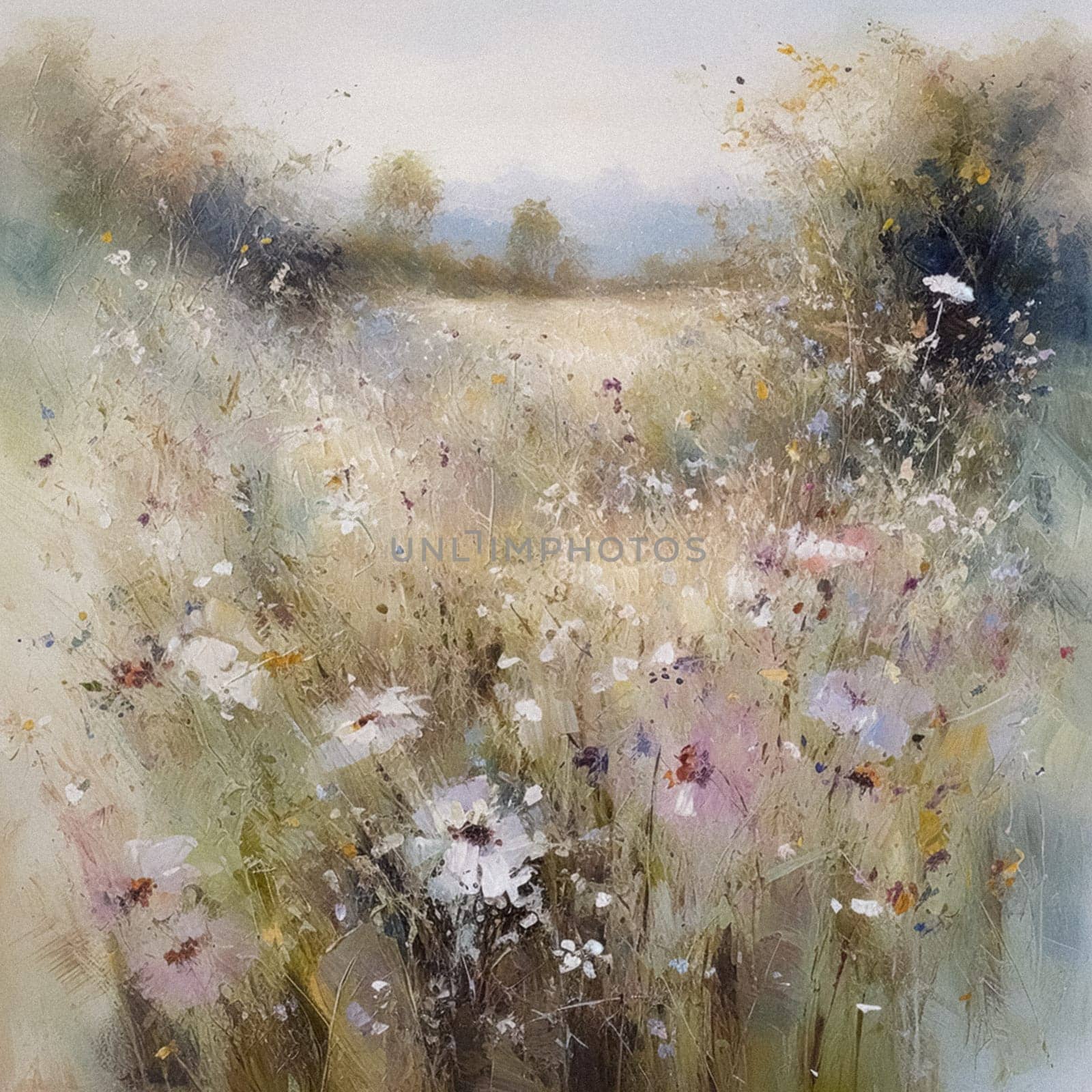 Oil style fine art painting of the English countryside, depicting romantic floral meadow, flowers field in soft pastel colours, evoking a sense of tranquility and natural beauty, printable art design