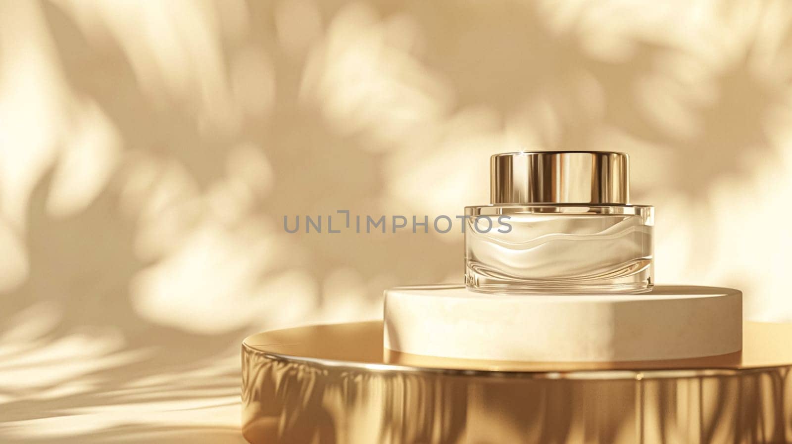 Face cream in a glass jar on a white and gold background. Skin care concept. Backdrop for beauty cosmetic products