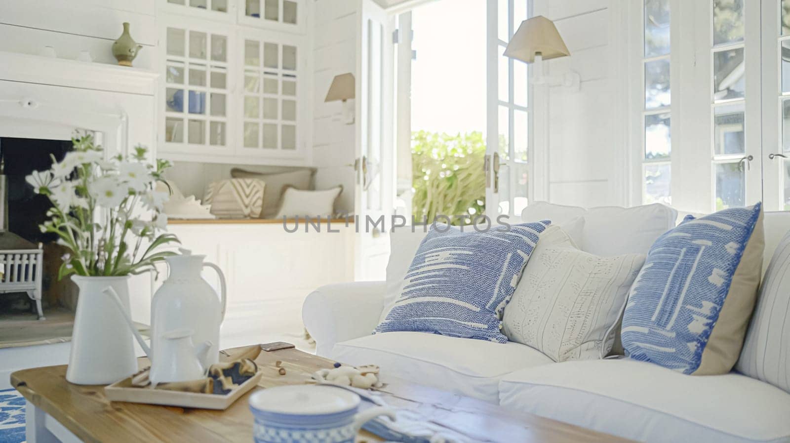 Interior of a living room with white walls, sofa and cushions. Sitting room in coastal cottage with sea view. Luxury lounge room