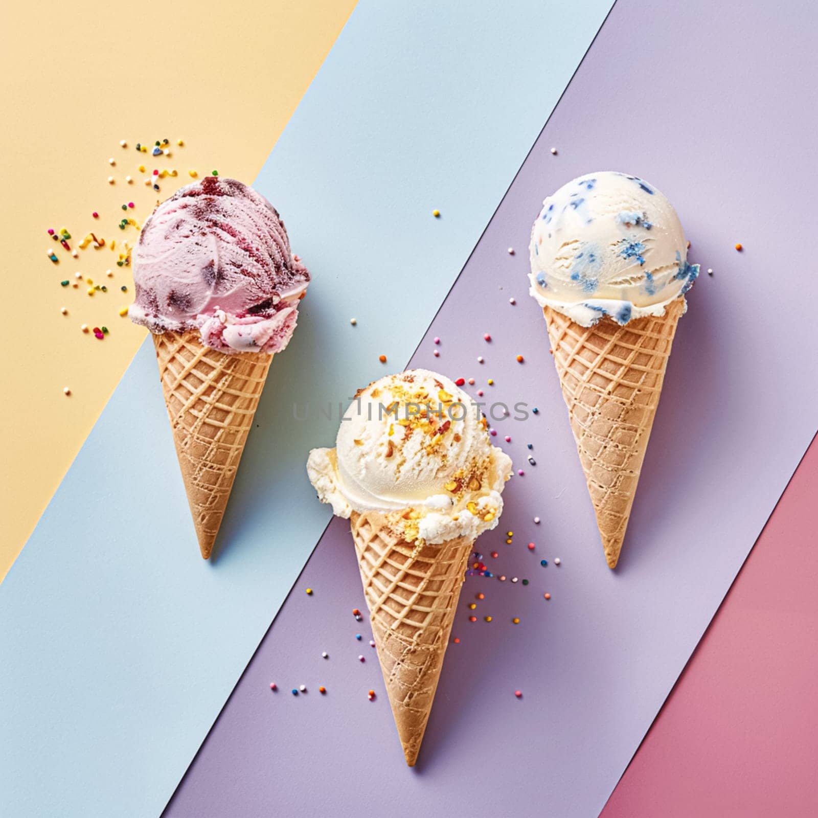 Scoops of ice cream in a waffle cones on a colorful background