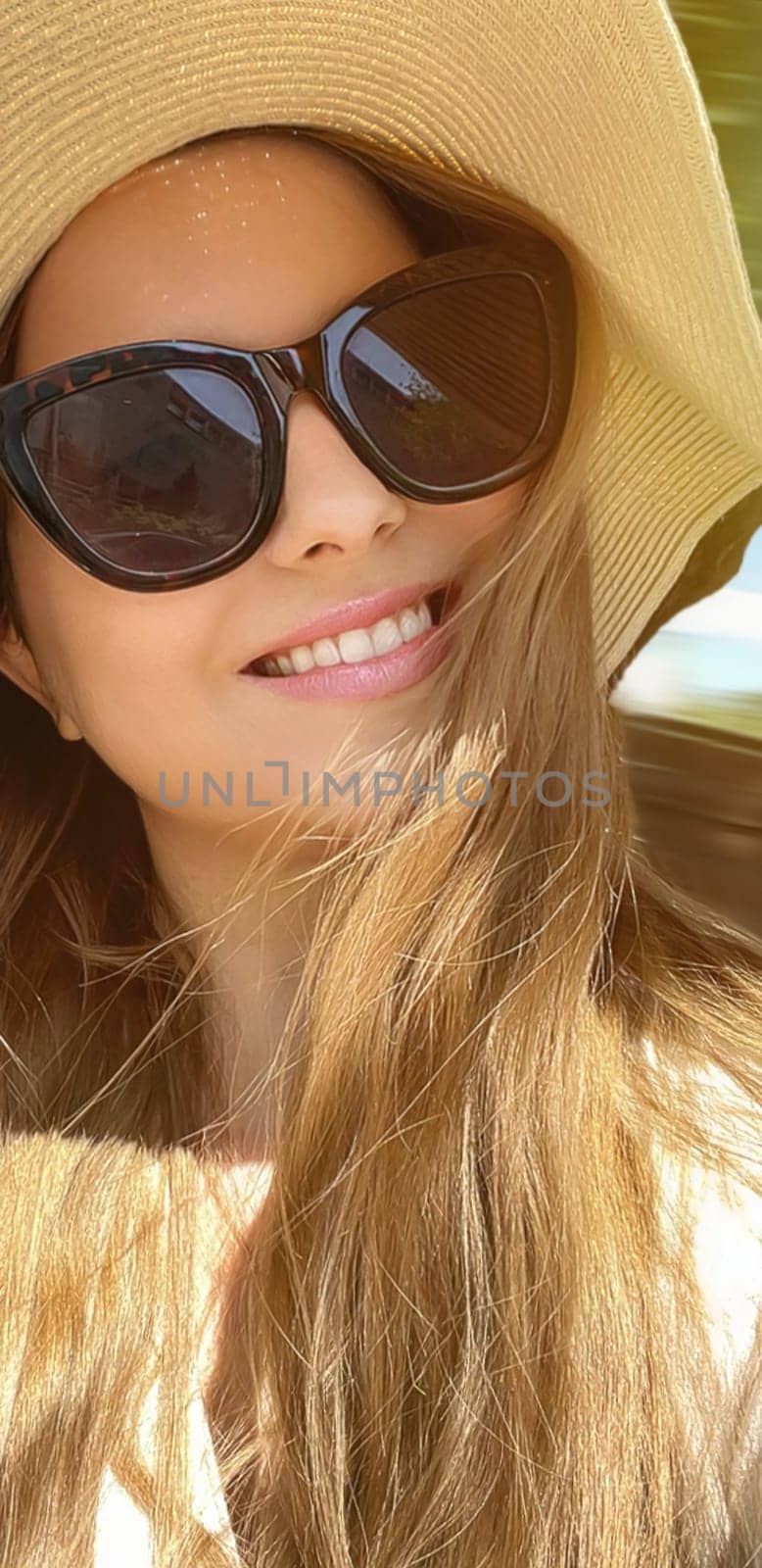 Beauty, summer holiday and fashion, face portrait of happy woman wearing hat and sunglasses, for skincare cosmetics, sunscreen spf lifestyle look by Anneleven