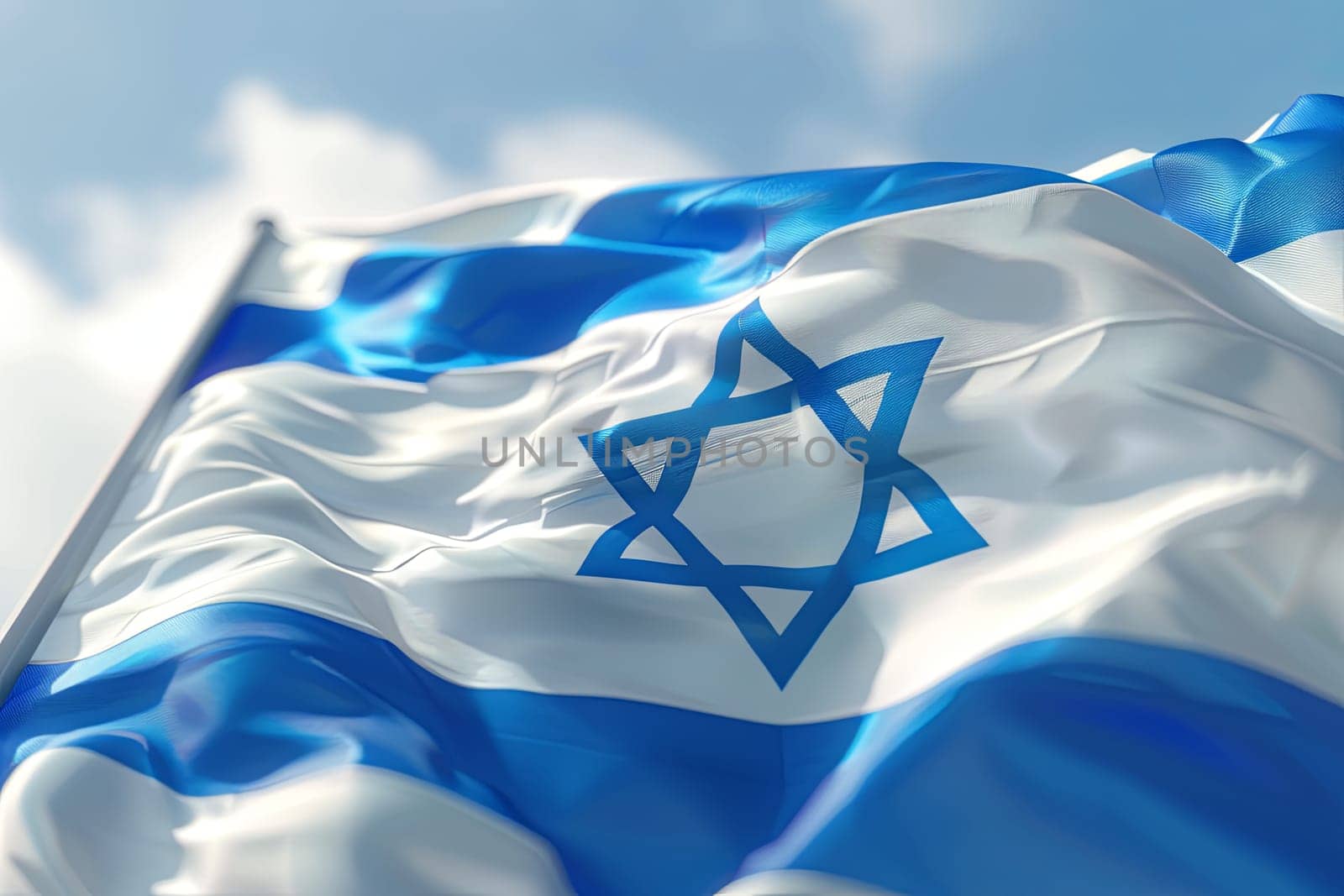 The national flag of Israel waves in the wind. A close-up front view of the white and blue flag with the Star of David.