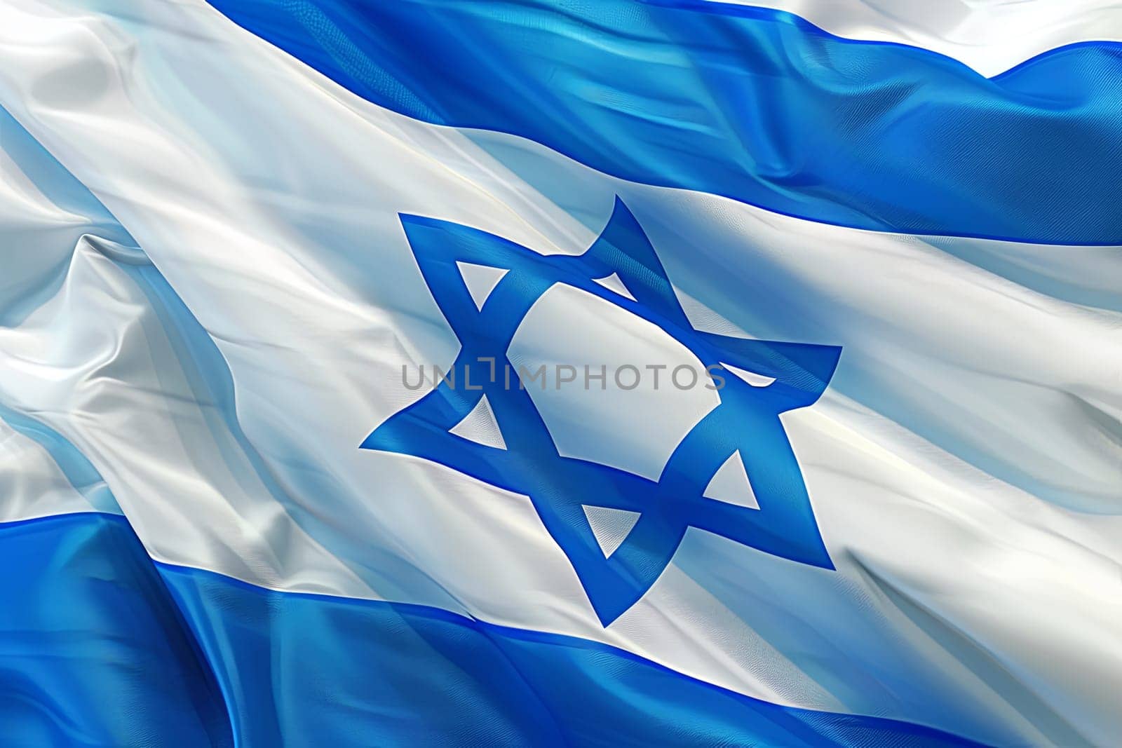 Detailed close-up of the national flag of Israel, featuring the iconic white and blue design with the Star of David, fluttering in the wind.