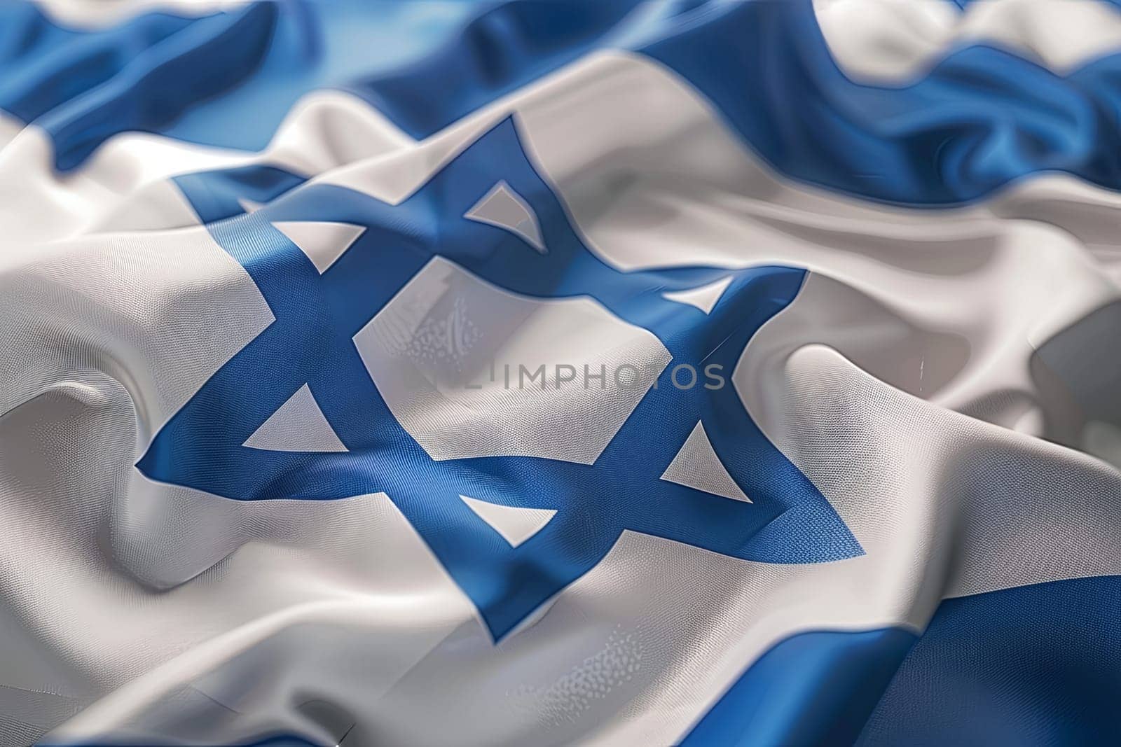National flag of Israel fluttering in the wind. Close-up view of a blue and white flag with the Star of David symbol.