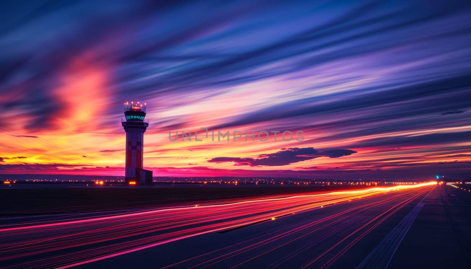 A colorful sky with a large airport tower in the background by AI generated image.