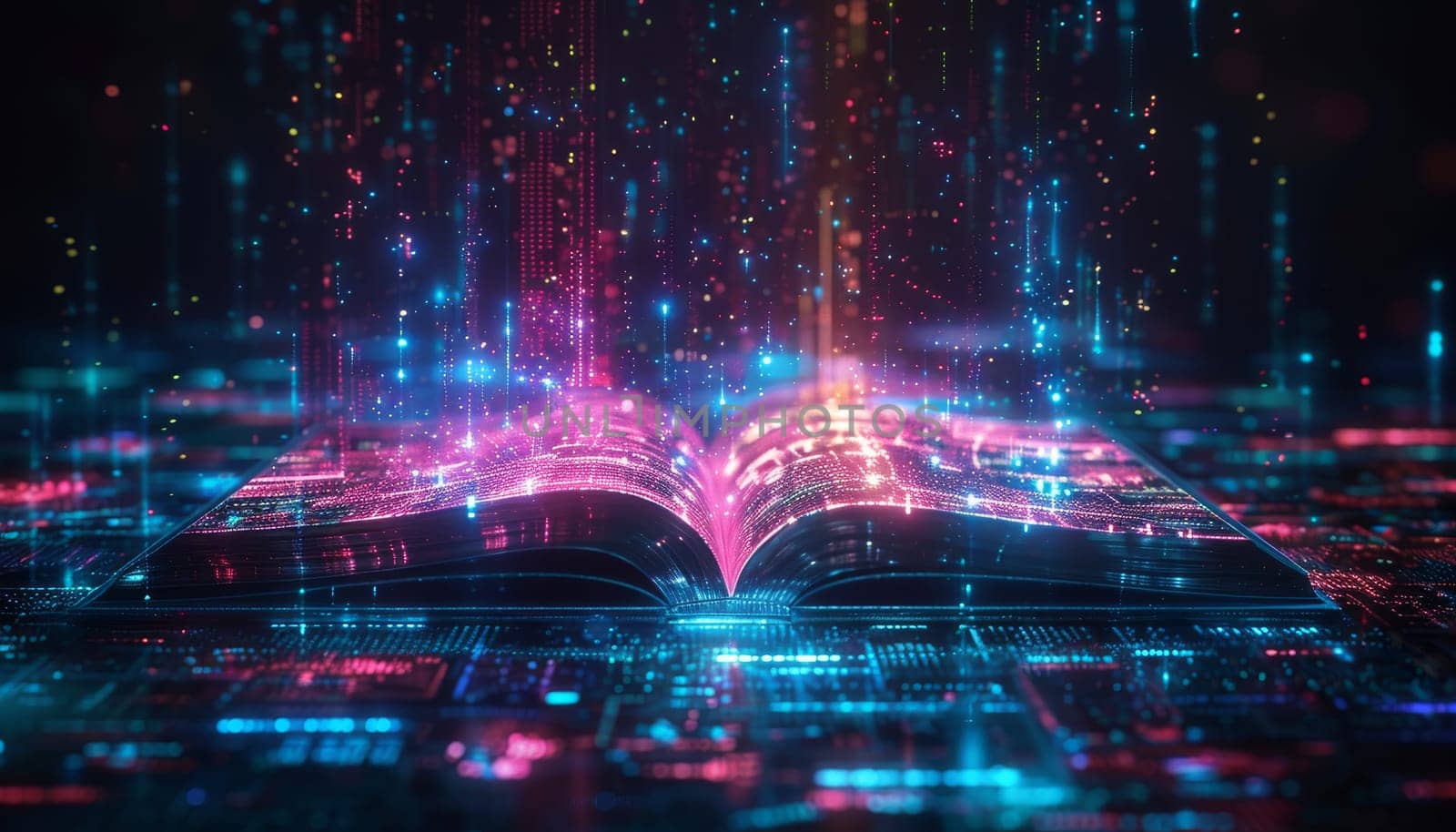 A book is open on a computer screen with a colorful background by AI generated image.
