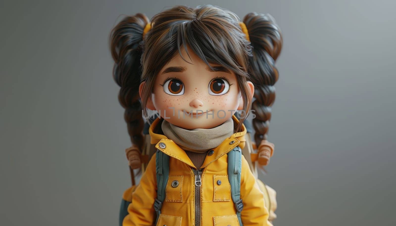 A girl doll is wearing a yellow scarf and a brown hat by AI generated image.