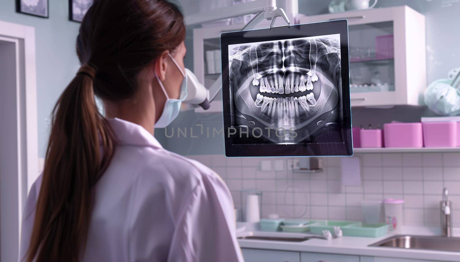 A woman is sitting in a dentist's chair with a monitor in front of her by AI generated image.