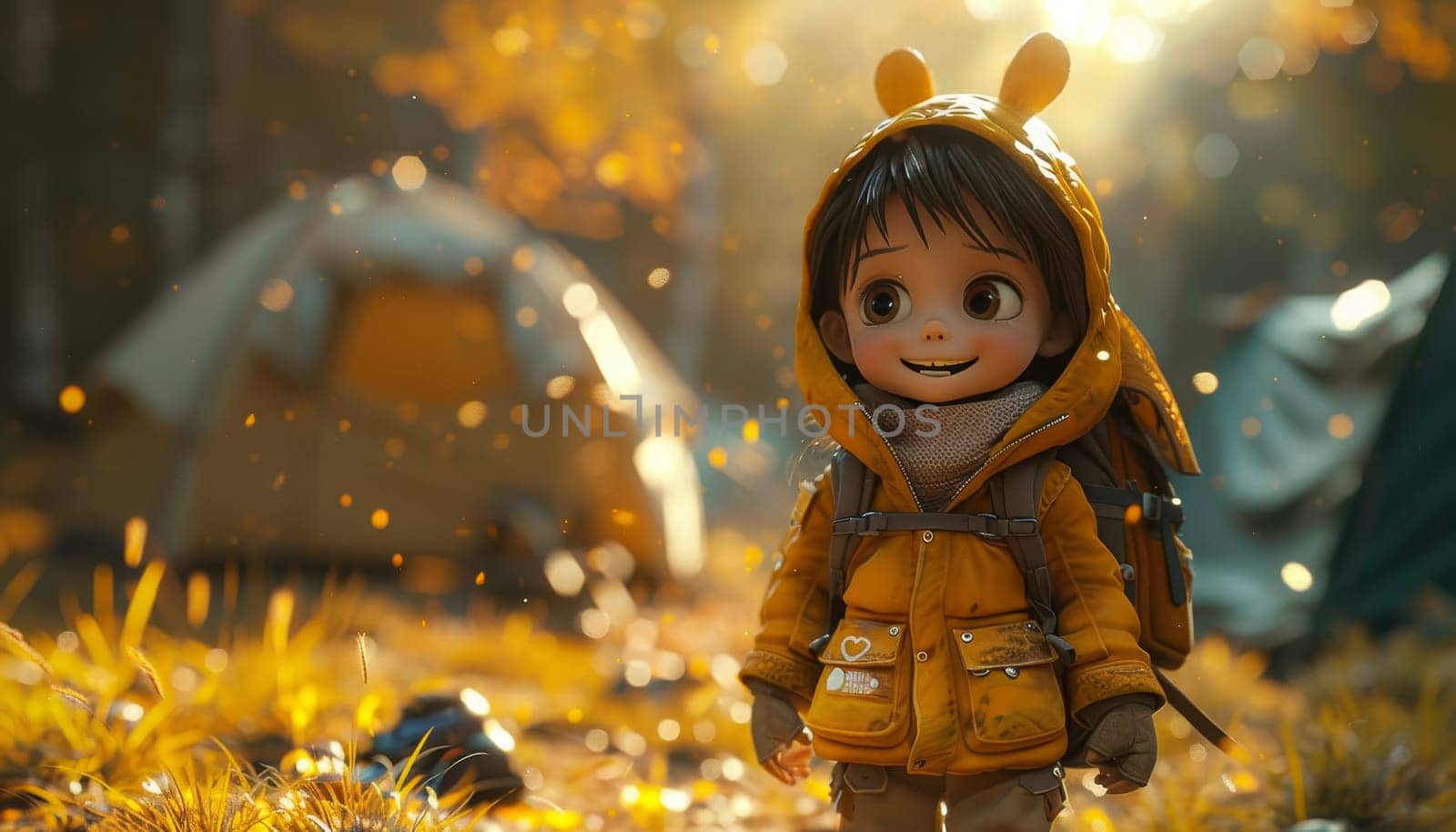 A cartoon girl is standing in a field with a yellow jacket on by AI generated image.