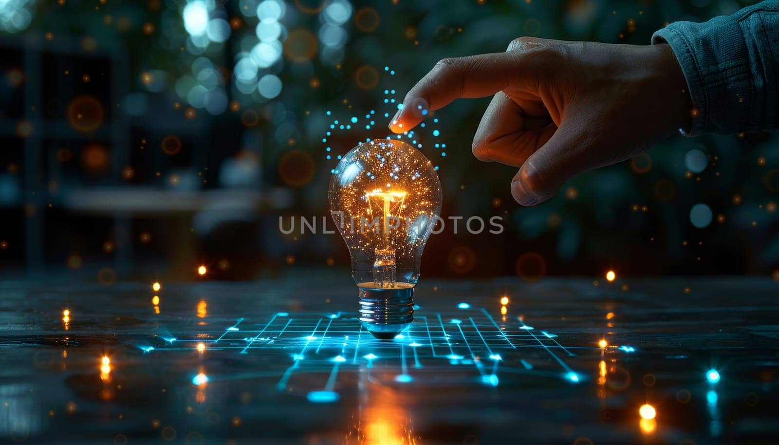 A hand is pointing at a light bulb on a table by AI generated image.