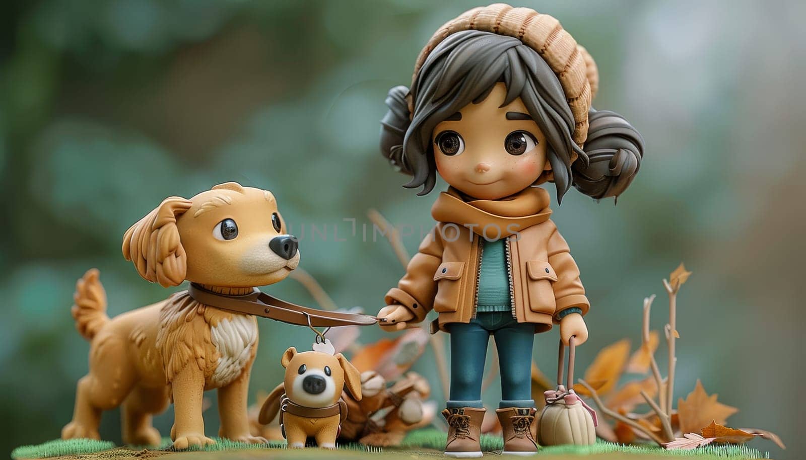 A girl is walking her dog down a street by AI generated image by wichayada