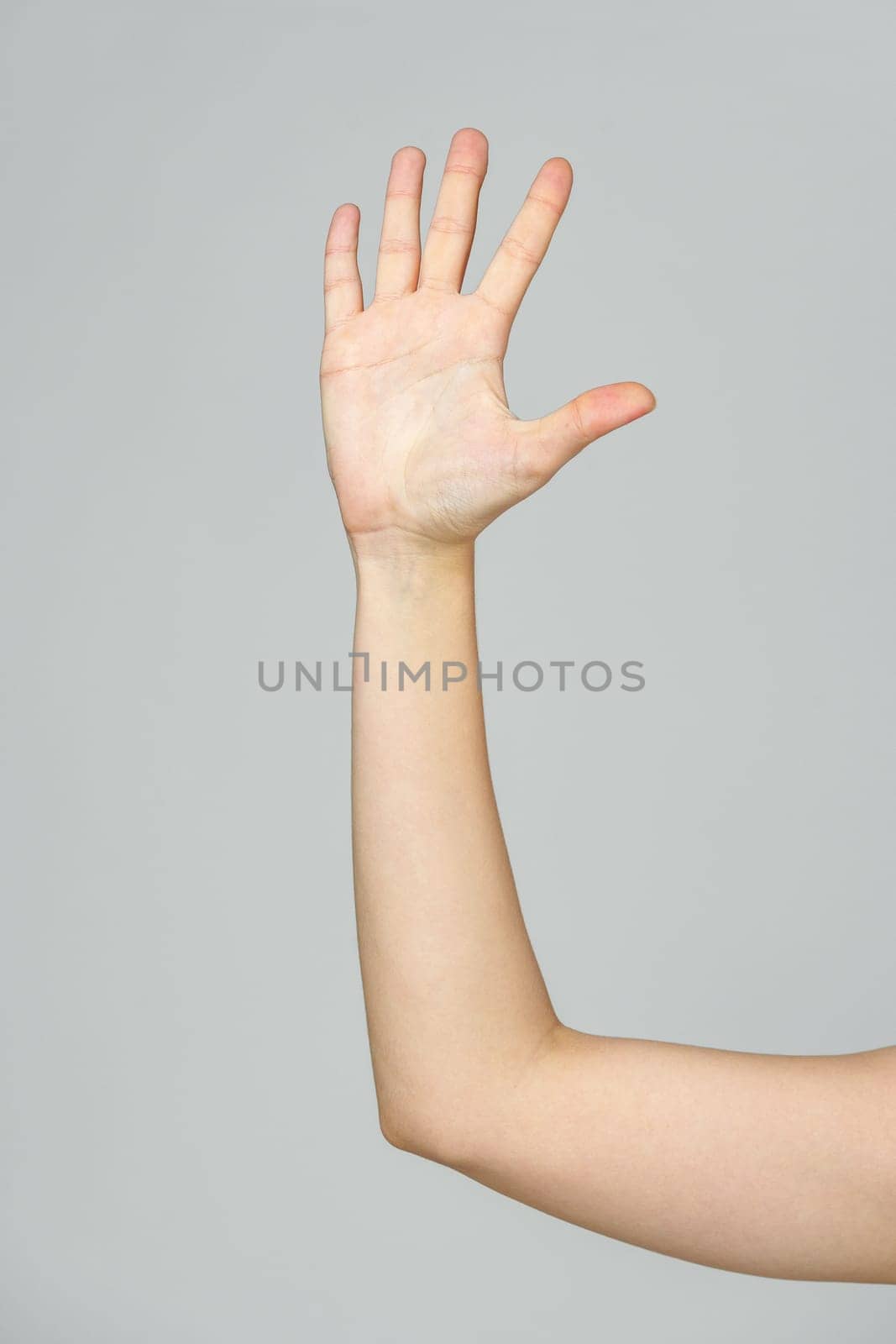 Young Woman Arm with Gesture close up on gray background