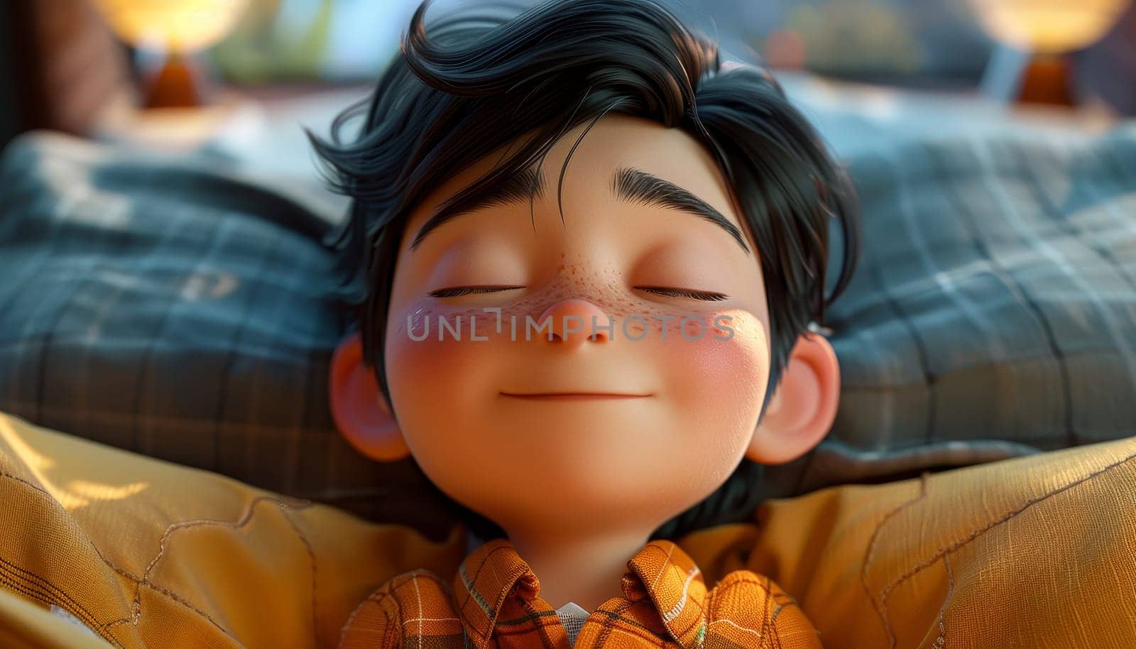 A cartoon boy is sleeping on a bed with a blanket by AI generated image.