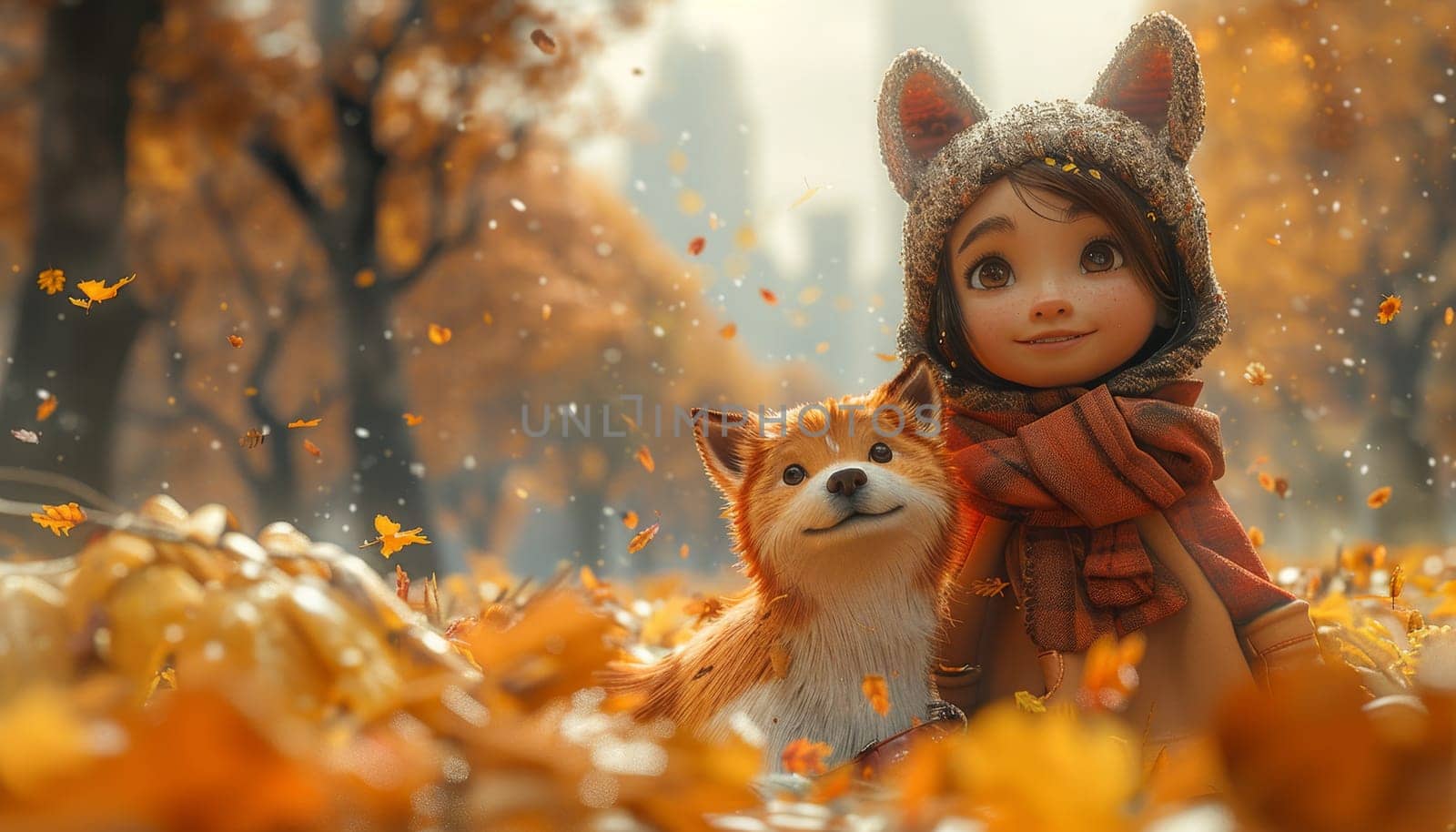 A girl is walking her dog down a street by AI generated image by wichayada