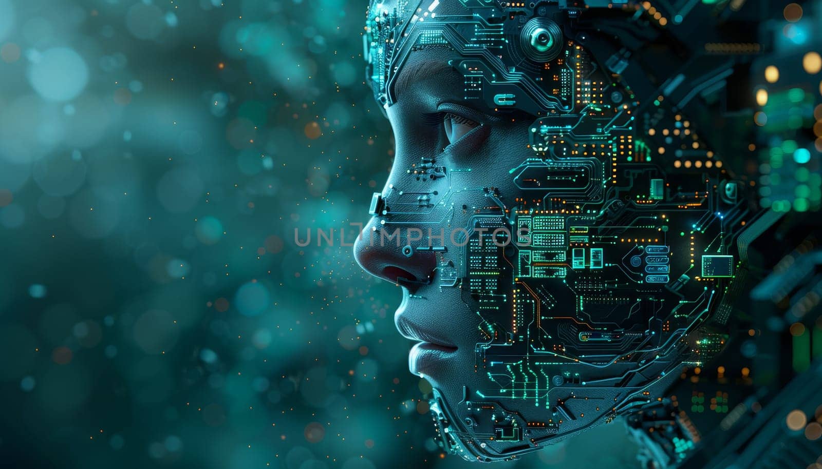 A woman's face is made of computer chips and wires by AI generated image.