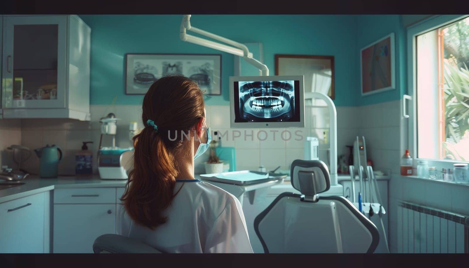 A woman is sitting in a dentist's chair with a monitor in front of her by AI generated image.