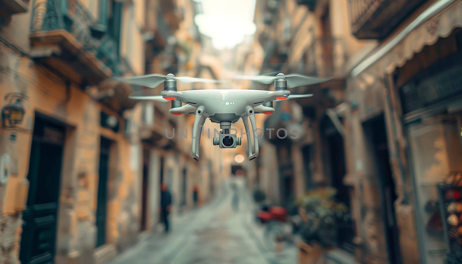 A drone is flying over a city street by AI generated image.