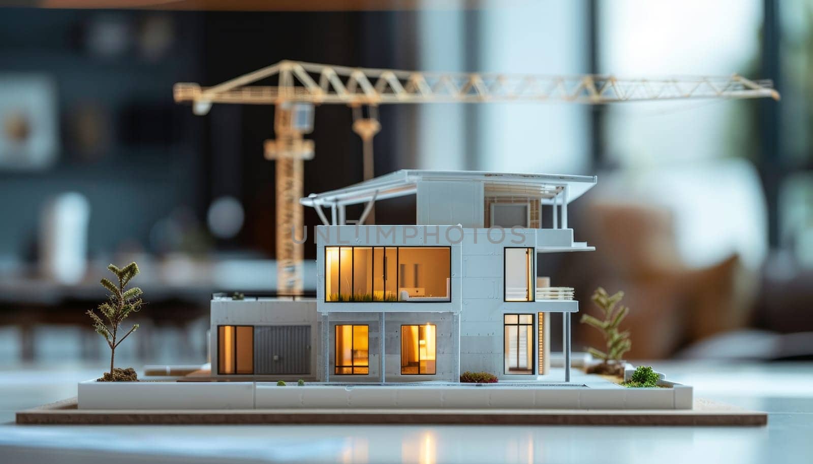 A model of a house is on a table with a crane in the background by AI generated image.