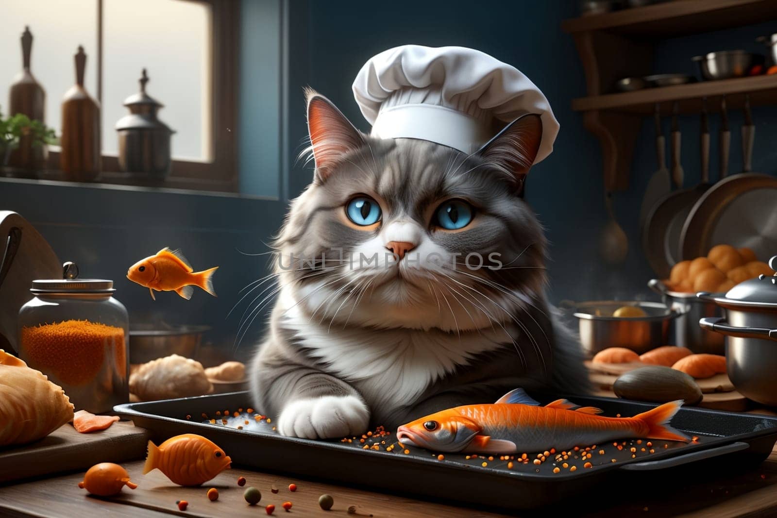 Cute cat chef preparing fish in the kitchen .