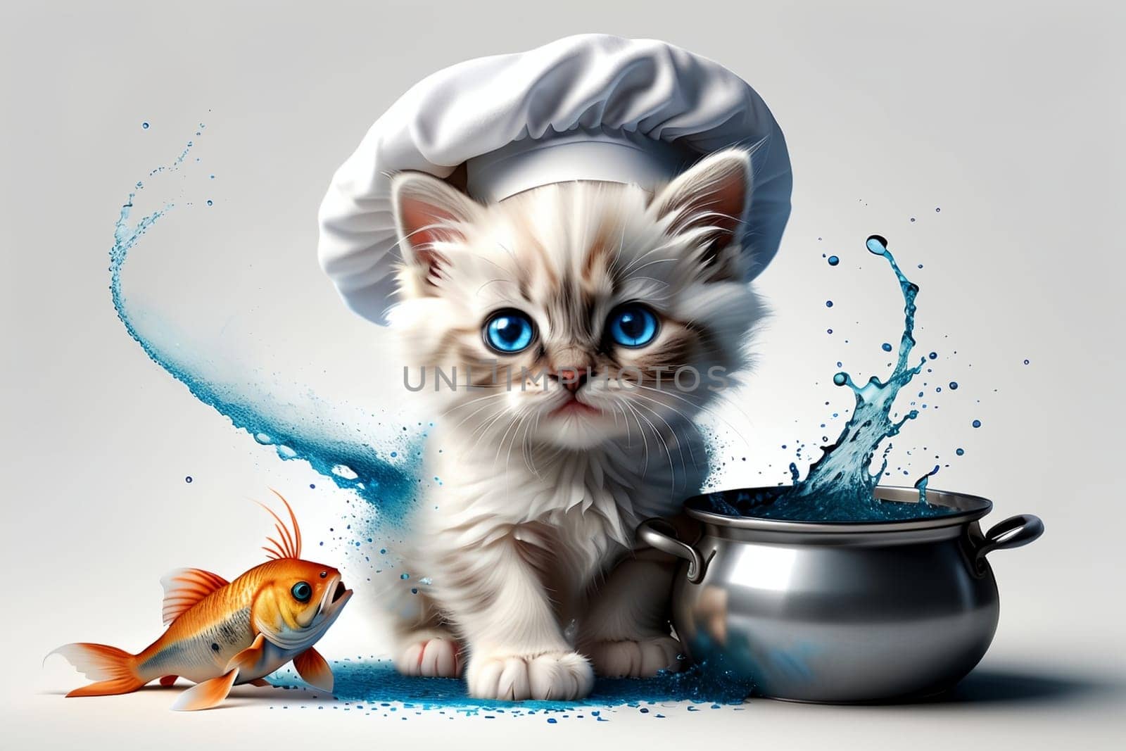 Cute cat chef preparing fish in the kitchen .