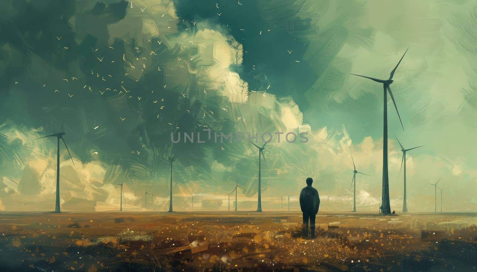 A man stands in a field of wind turbines by AI generated image.