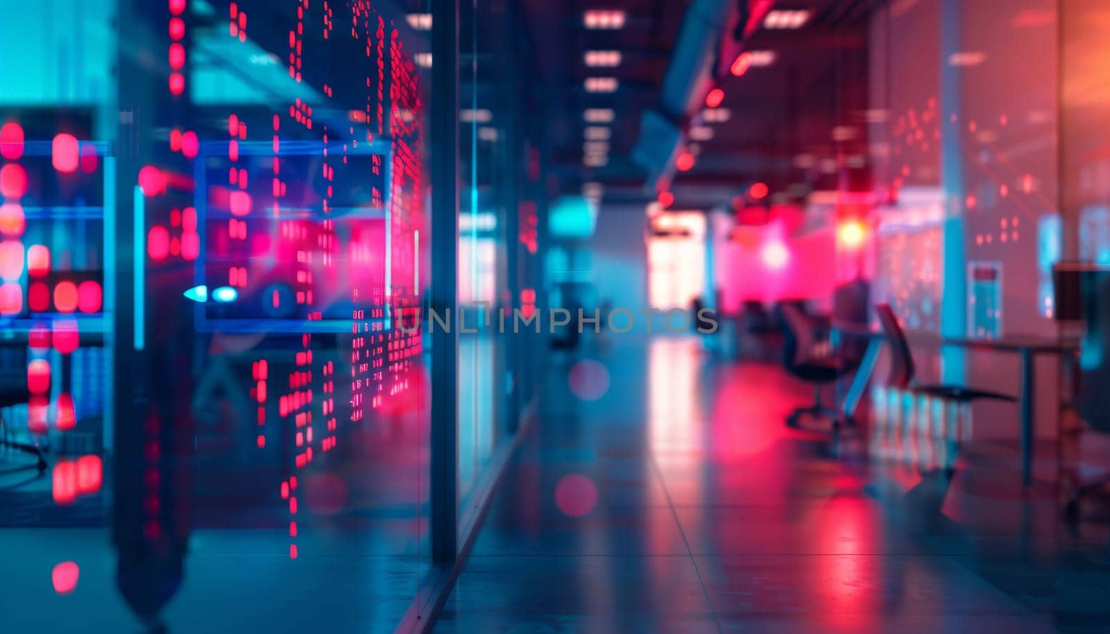 A room with a lot of red and blue lights by AI generated image.