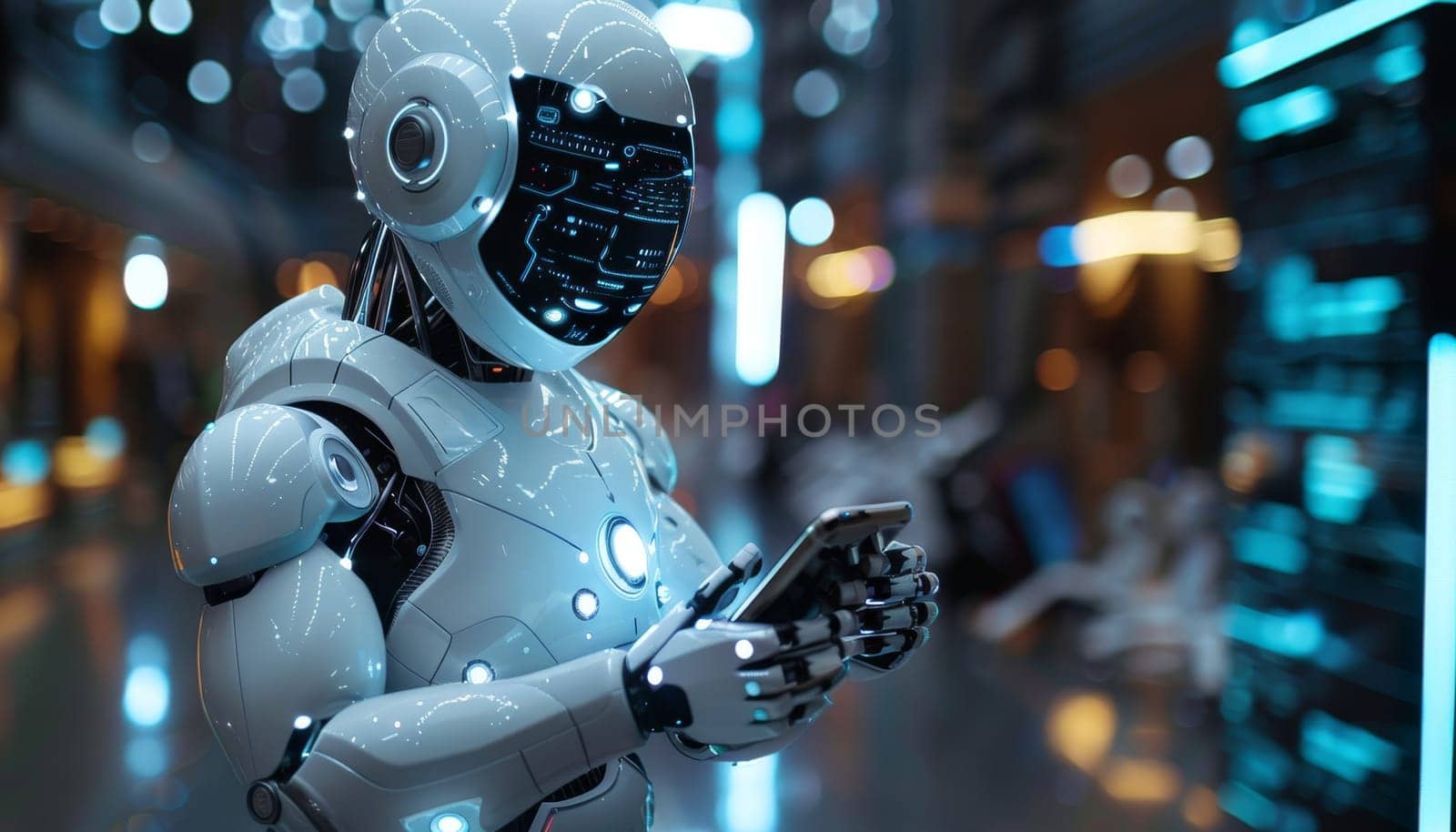 A robot is holding a cell phone in its hand by AI generated image.