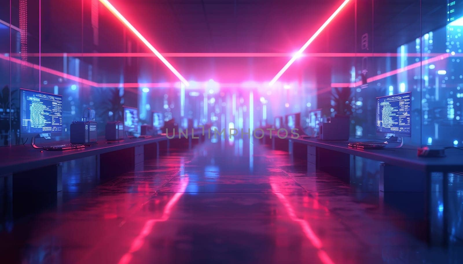 A neon lit room with a long hallway with many computer monitors by AI generated image.