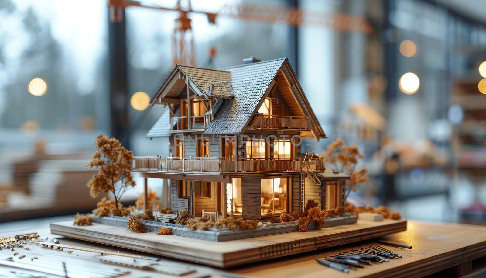 A model of a house is on a table with a crane in the background by AI generated image.