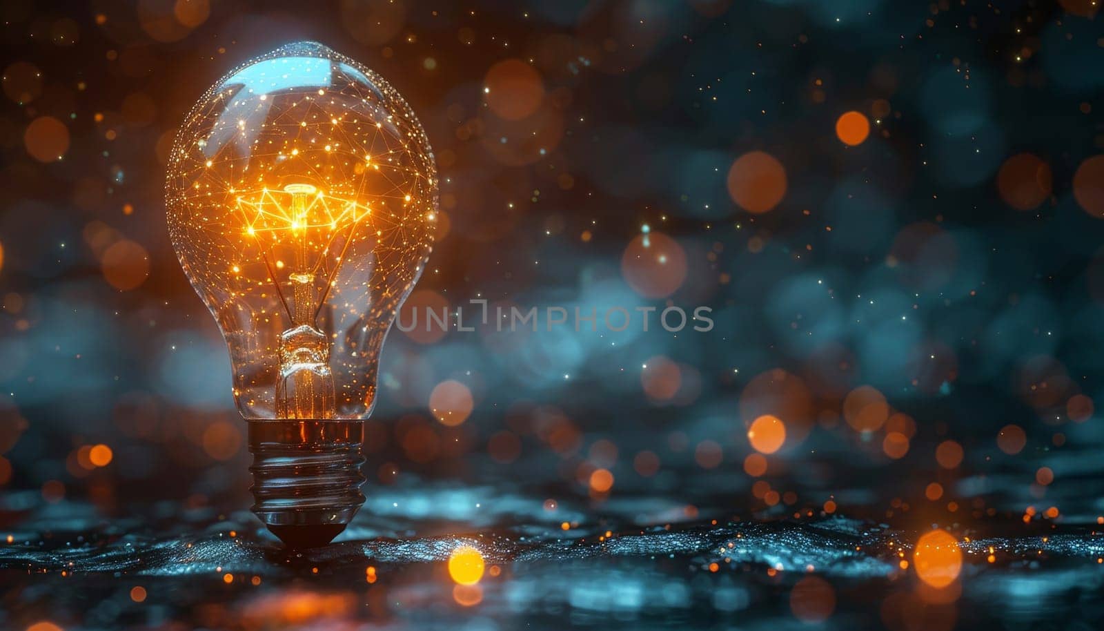 A light bulb is lit up in a blurry, glowing light by AI generated image.