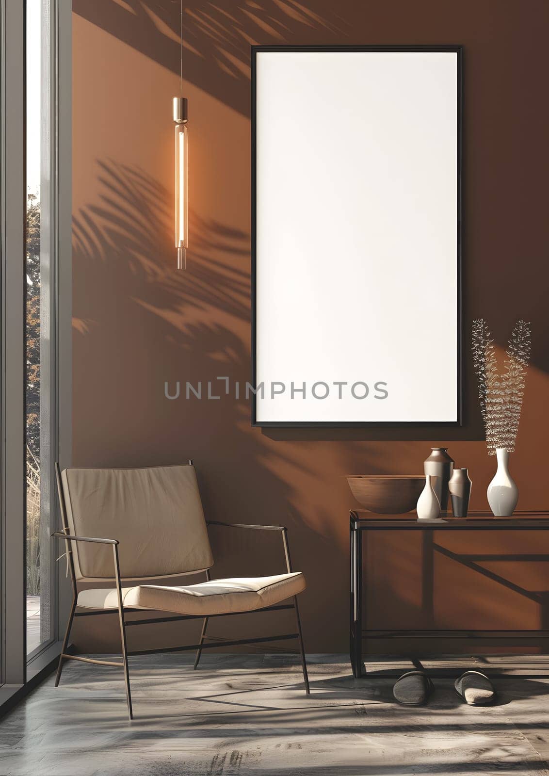 A living room with a hardwood chair, rectangular table, and a large picture displayed on the wall. The flooring is made of hardwood and the fixture adds a touch of elegance to the building