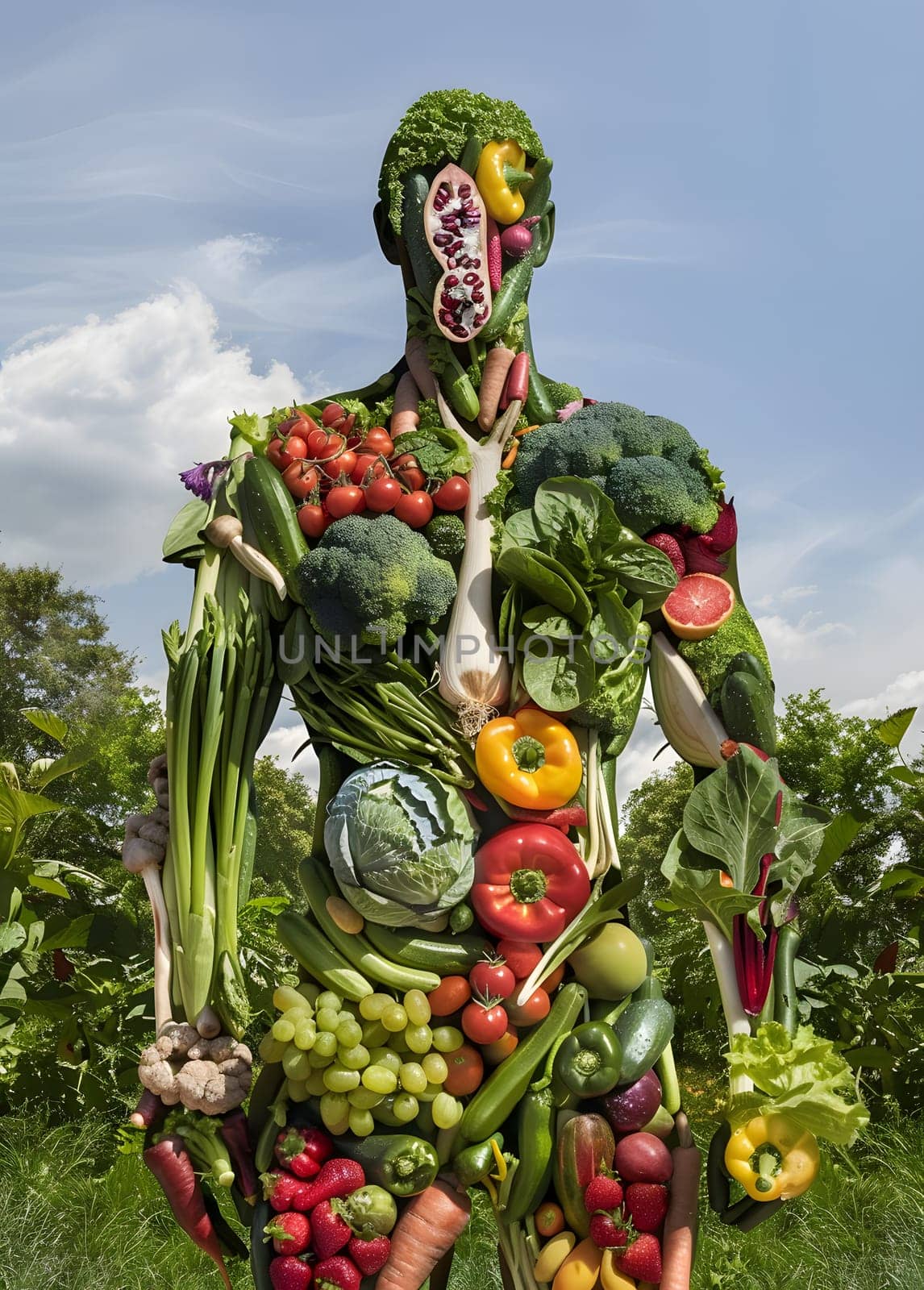 A unique piece of art, the statue of a man made entirely of plantbased foods such as fruits and vegetables, showcasing the beauty and diversity of natural foods and the importance of agriculture