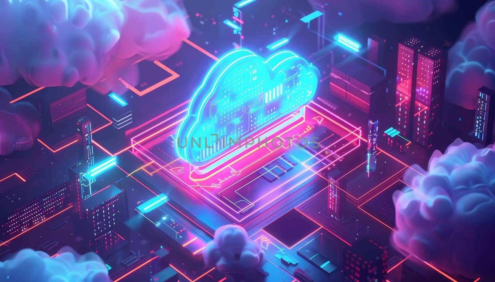 A glowing cloud in the sky with a neon light by AI generated image.