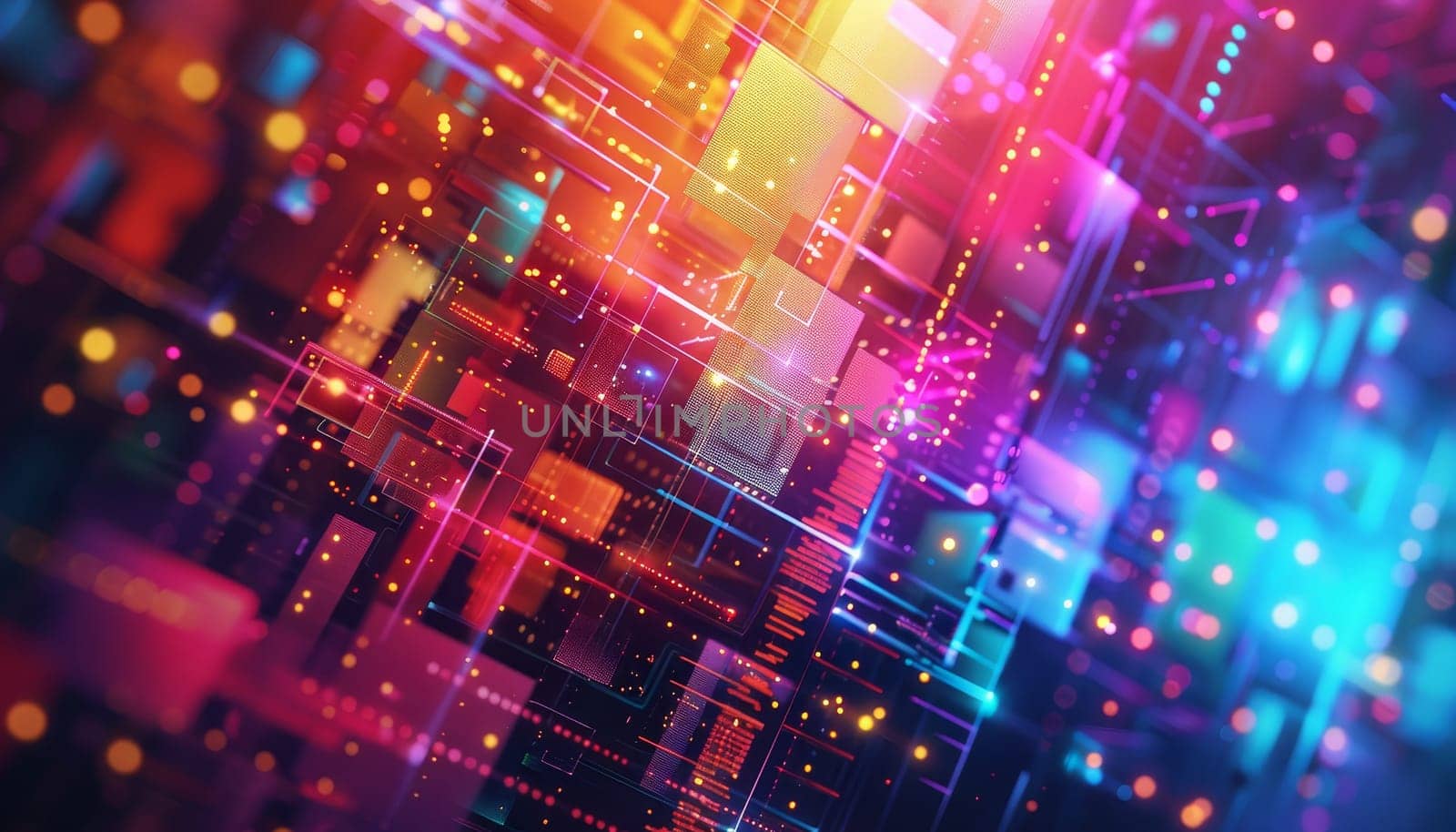 A colorful, neon-lit room with a lot of dots and lines by AI generated image.