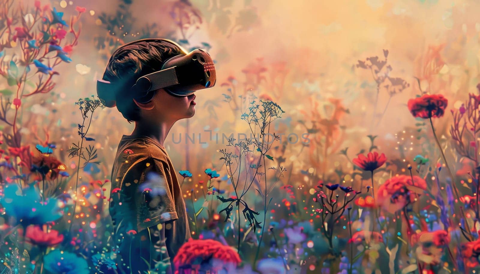 A young girl is sitting in a field of flowers wearing a virtual reality headset by AI generated image.