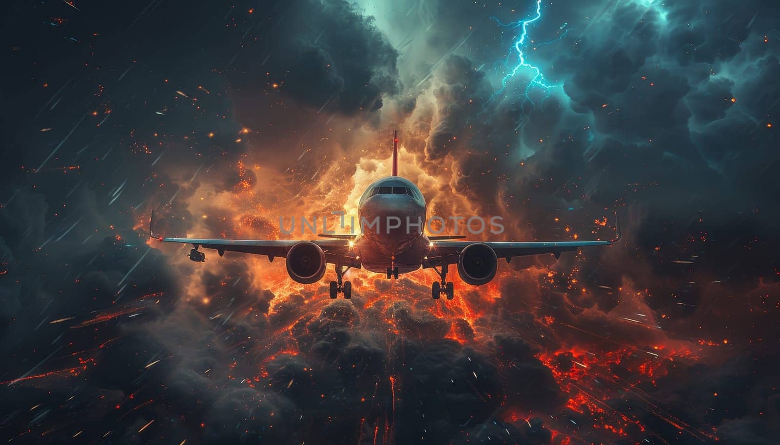 A plane is flying through a storm with lightning bolts by AI generated image.