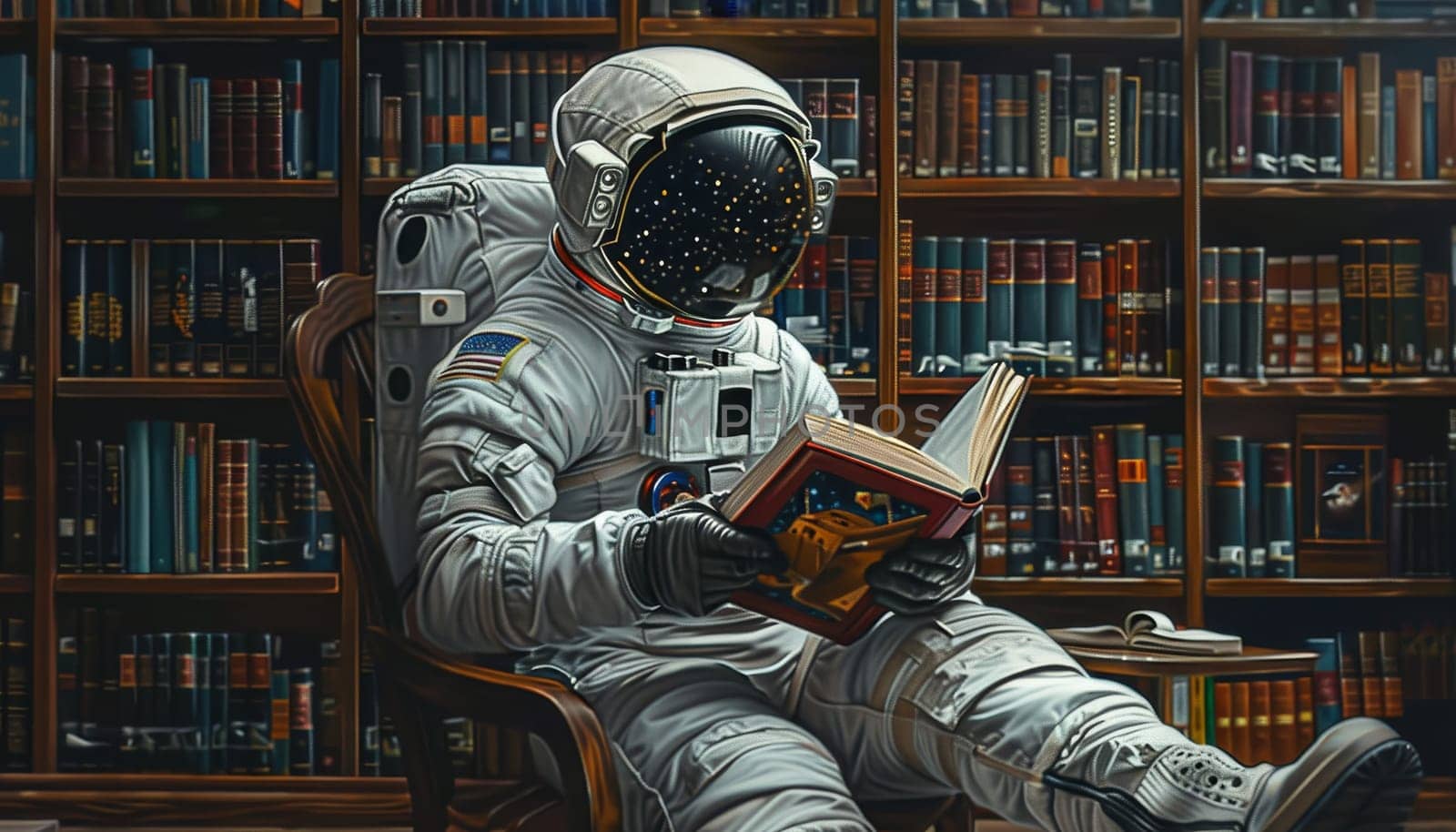 A man in a spacesuit is reading a book in a library by AI generated image.