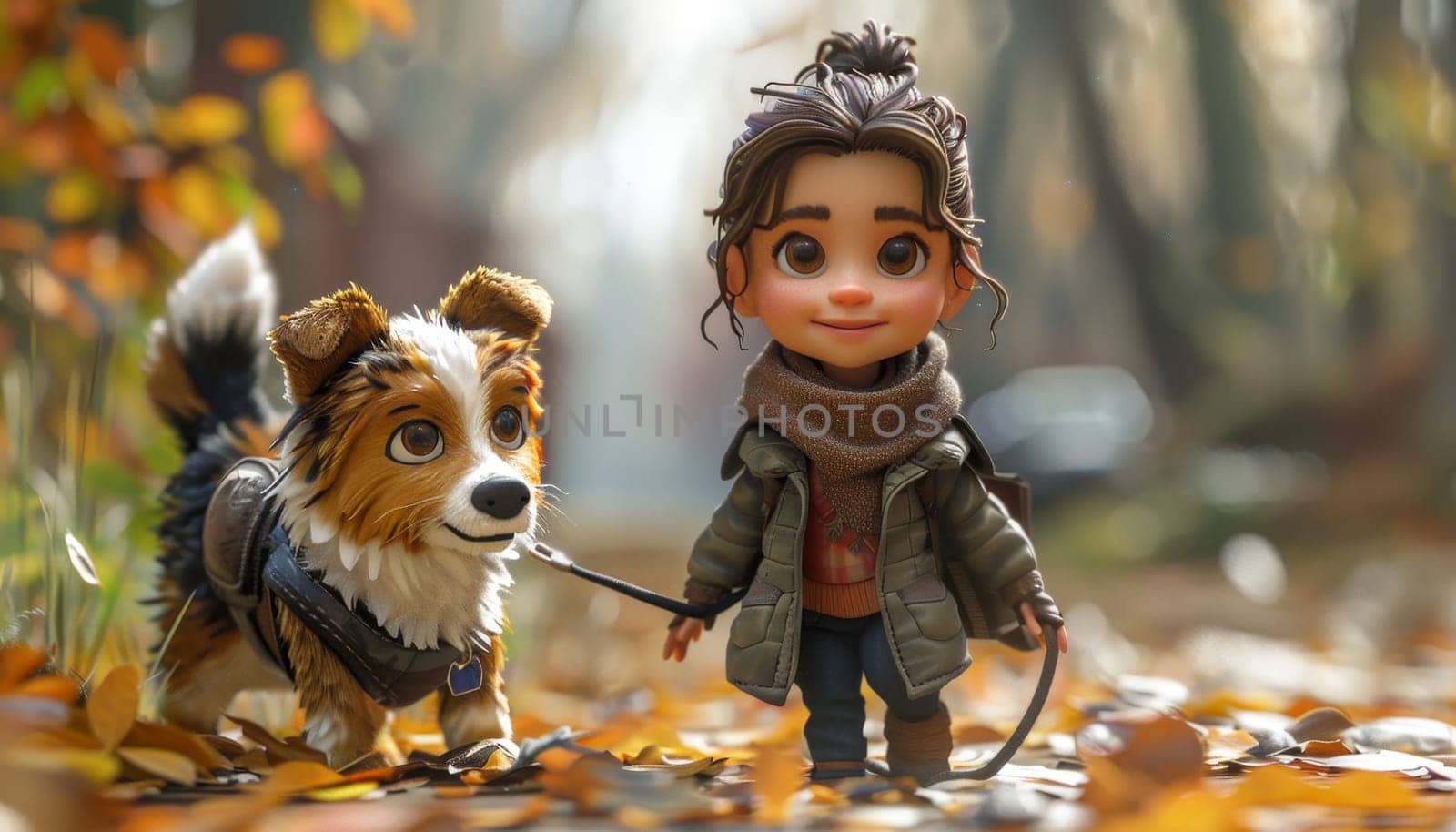 A girl and her dog are walking in the woods by AI generated image by wichayada