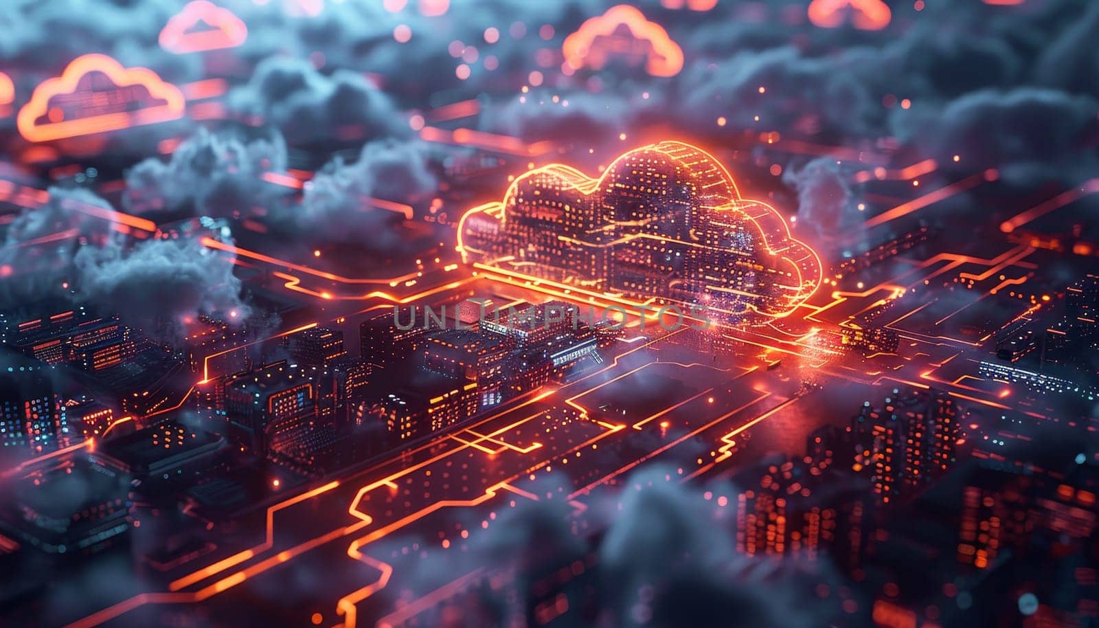 A glowing cloud in the sky with a neon light by AI generated image.