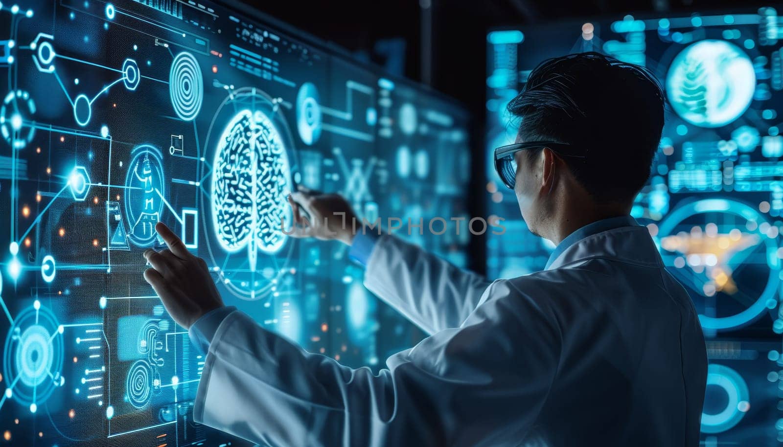 A man in a white lab coat is looking at a computer screen with a finger on a scr by AI generated image.