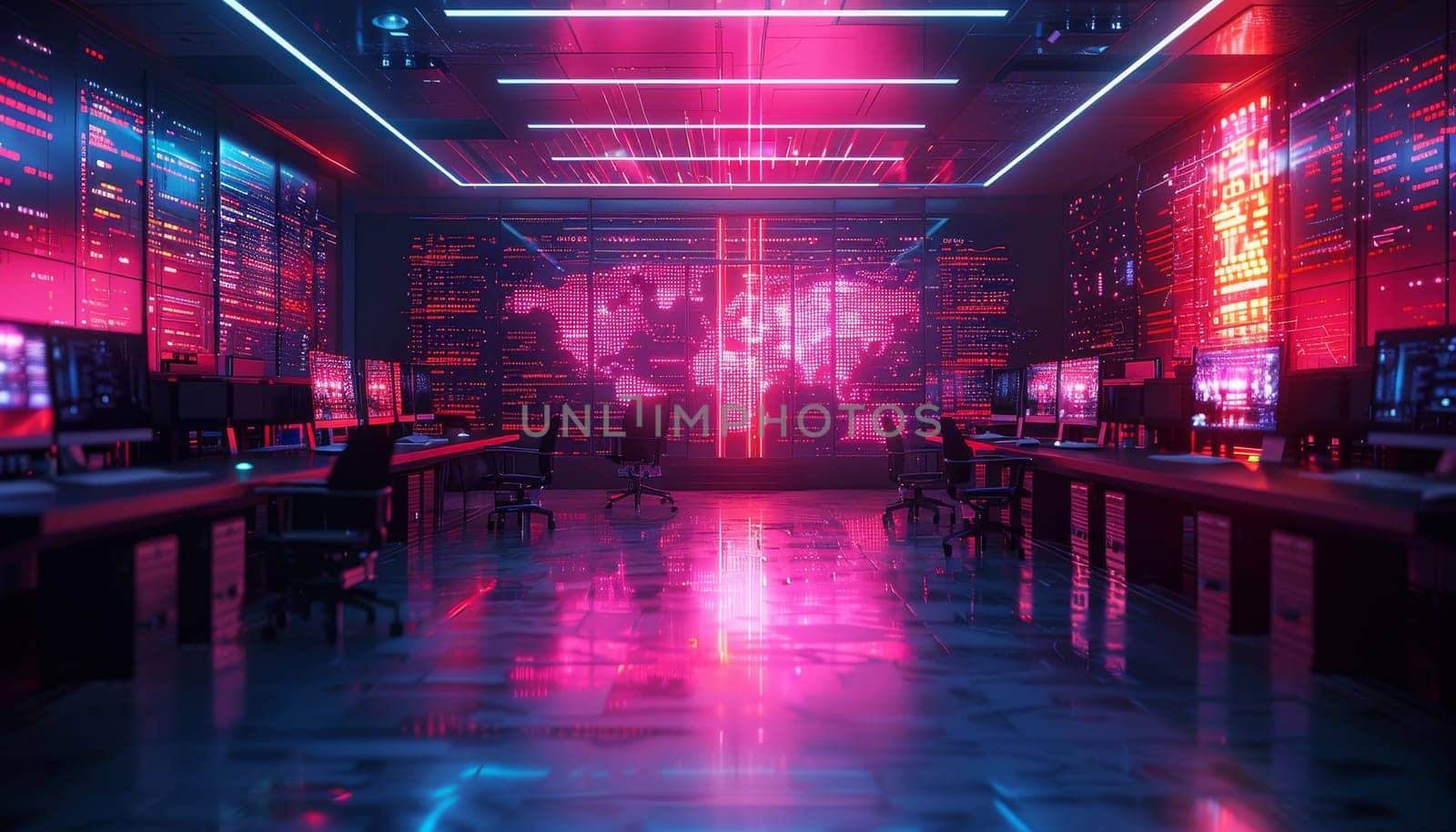 A neon lit room with a long hallway with many computer monitors by AI generated image.