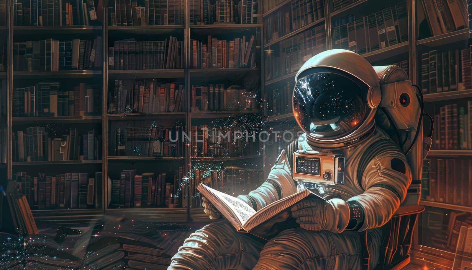 A man in a spacesuit is reading a book in a library by AI generated image.