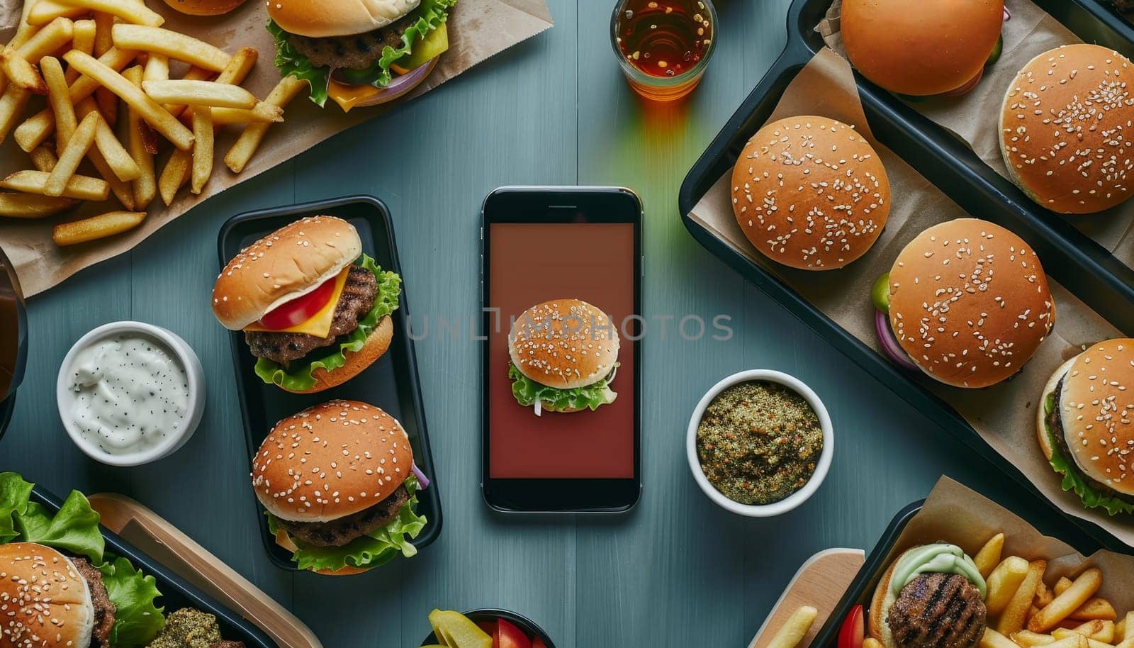 A cell phone is on a table with a variety of food, including hamburgers, fries by AI generated image.