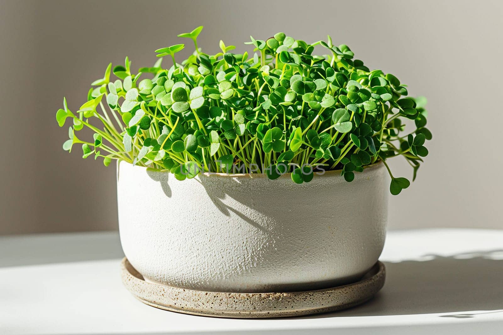 White pot with microgreens on a marble surface.