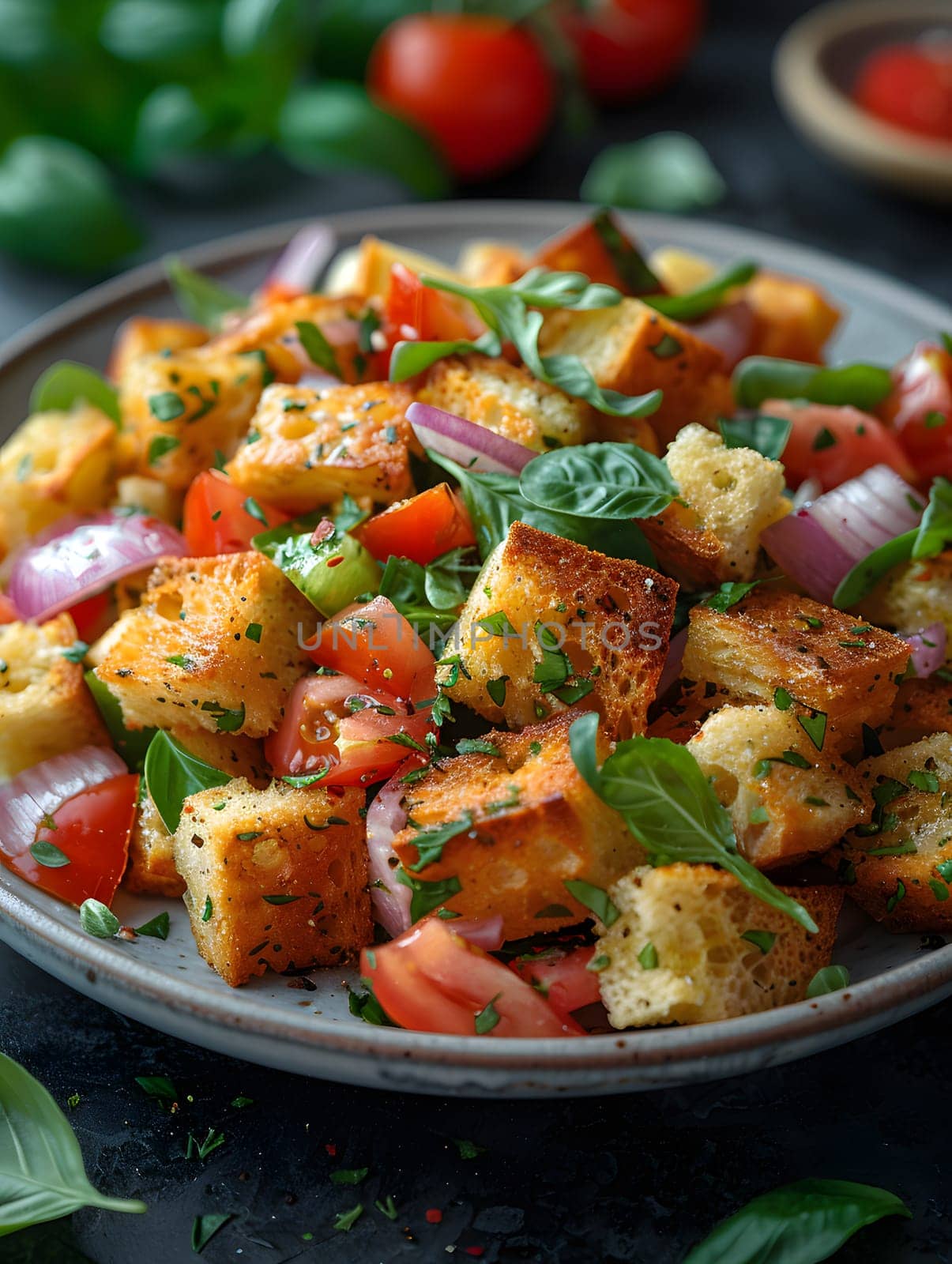 A plate of fresh salad featuring croutons, tomatoes, onions, and basil a delicious and healthy dish packed with flavorful ingredients