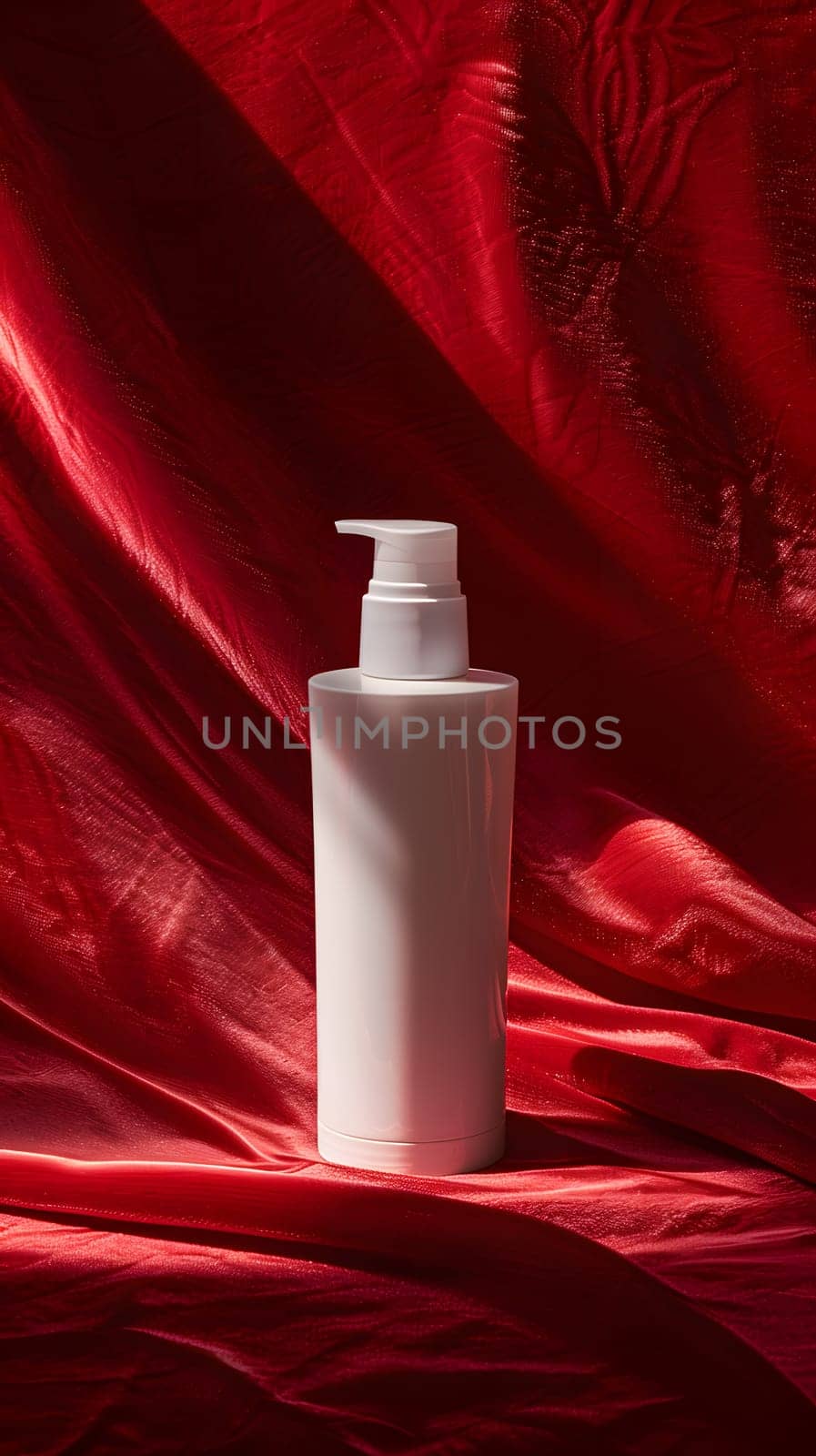 A white cosmetics bottle with a pump is placed on a vibrant purple cloth. The contrasting magenta color of the cloth enhances the sleek appearance of the bottle