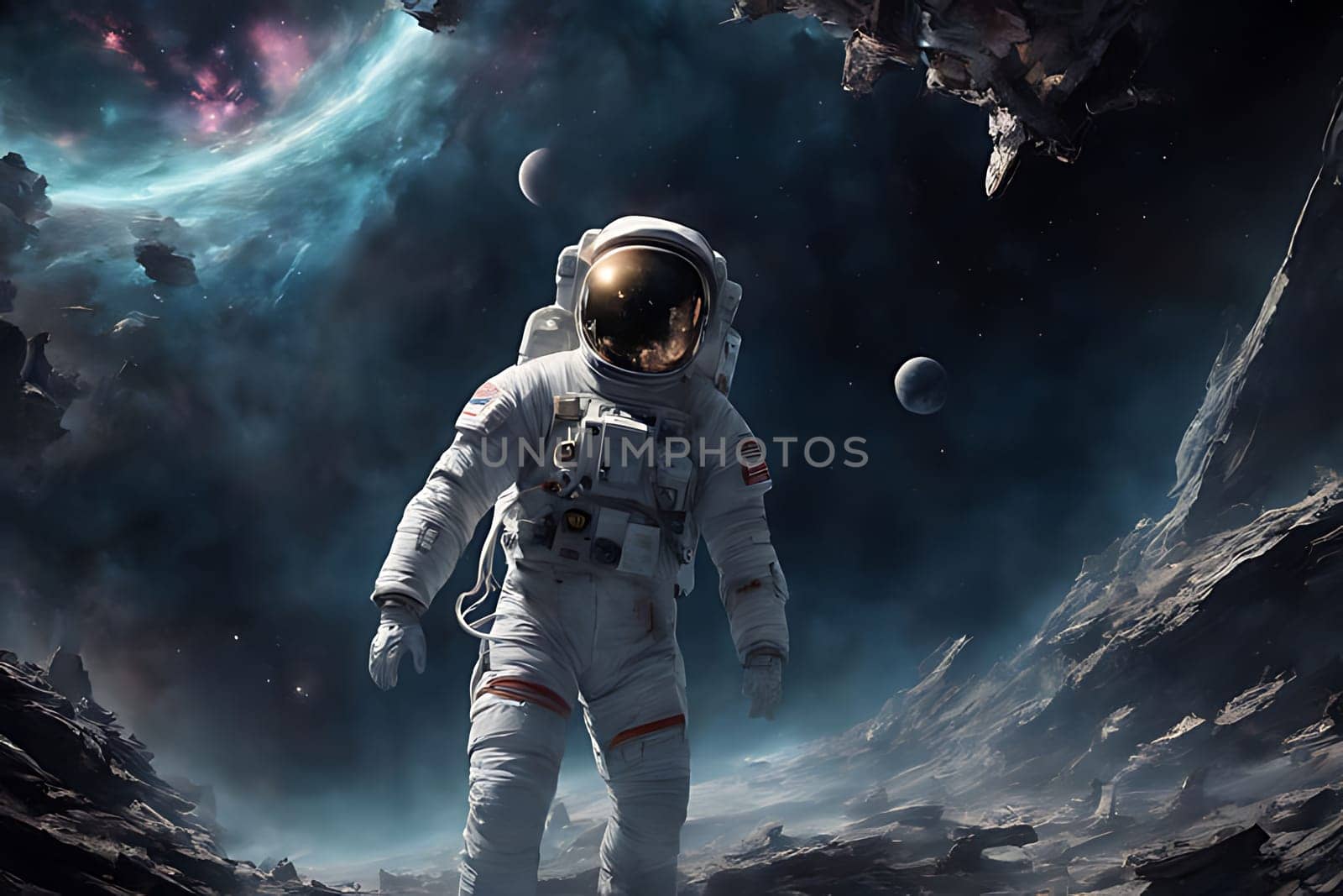 A man clad in a space suit is traversing through a rocky terrain, his sturdy boots crunching on the rough ground. The harsh landscape contrasts with his futuristic suit, creating a striking visual. Reddish boulders and dusty soil dominate the scene as the astronaut explores the unknown environment.