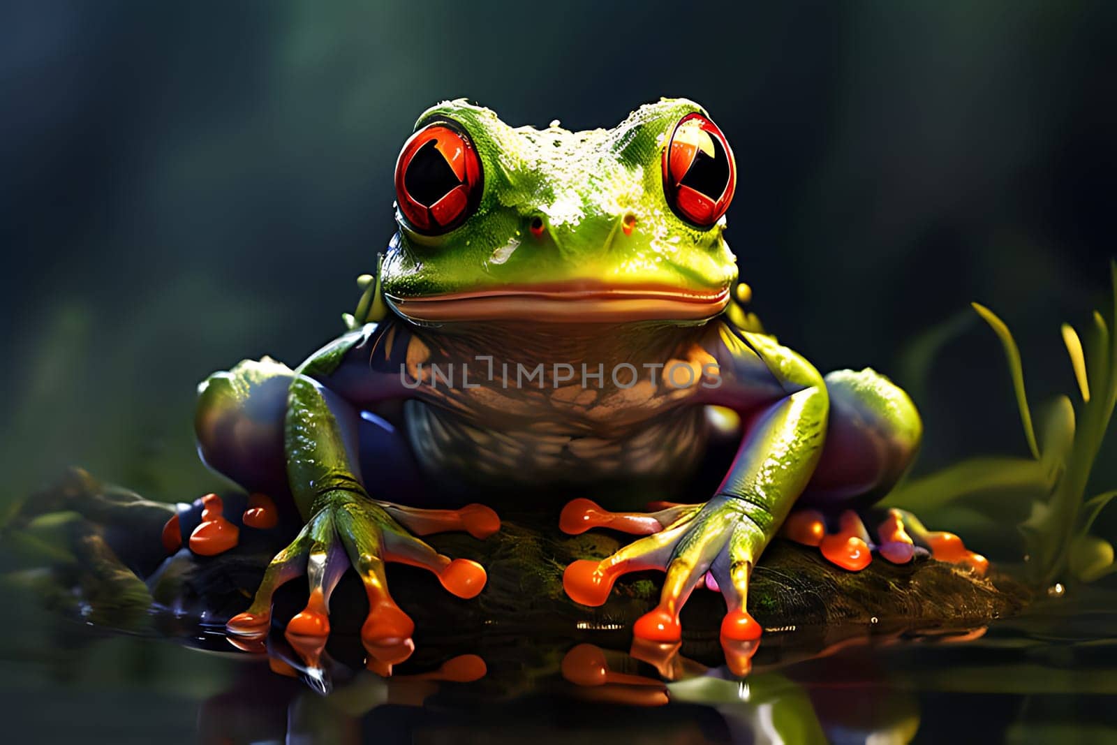 A frog with striking red eyes perches on the surface of the water, its skin blending seamlessly with the aquatic environment.